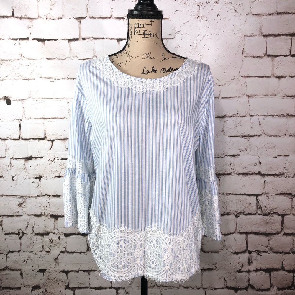 Blue and White Striped Lace Blouse